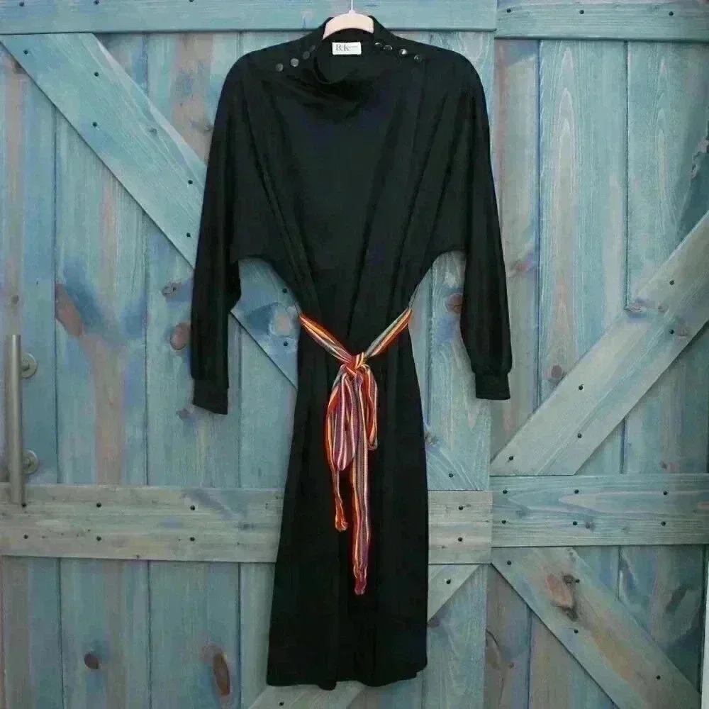 1970s Black Wrap Dress Coat Vintage Polyester Belted Size Medium